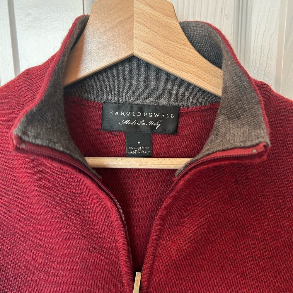 Men’s Harold Powell zip neck 100% Merino wool sweater, deep red